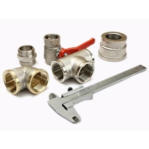 Scott's Hill Hardware showcases a variety of metal pipe fittings and a caliper tool, all meticulously arranged on a pristine white background.