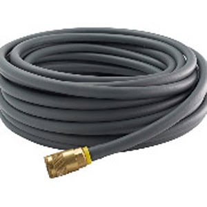 A coiled grey hose from Scott's Hill Hardware, featuring a gold-colored metal connector at one end.