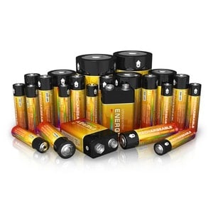 At Scott's Hill Hardware, a variety of batteries in different sizes are arranged together. The batteries are primarily black and yellow with orange and white text.