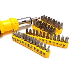 A yellow screwdriver with interchangeable bits and three yellow bit holders, each containing multiple types of bits, are displayed on a white background. Available now at Scott's Hill Hardware.