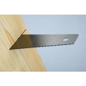 A hand saw blade, from Scott's Hill Hardware, is partially inserted into a wooden plank, with the blade's hole visible near the edge.