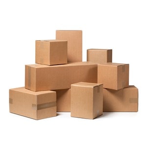 A group of eight cardboard boxes, sourced from Scott's Hill Hardware, are stacked together against a plain white background.