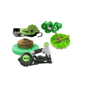 Various green gardening tools from Scott's Hill Hardware, including a tape tool, tie ribbon roll, and plastic plant clips, are displayed against a white background.