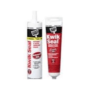 Two tubes of DAP Kwik Seal from Scott's Hill Hardware. The left tube is larger with a nozzle, labeled for kitchen and bath adhesive caulk; the right tube is smaller, labeled for a caulking product. Both have distinctive red and white packaging.