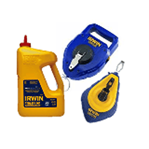 Image of three blue and yellow IRWIN tools at Scott's Hill Hardware: one chalk line reel, one bottle of marking chalk, and another chalk line reel with a different design.