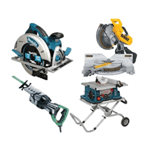 A variety of power tools from Scott's Hill Hardware, including a circular saw, miter saw, reciprocating saw, and table saw with a stand, displayed on a light brown background.