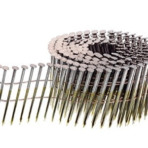 A coiled strip of metal nails from Scott's Hill Hardware, designed for use in a nail gun, with the nails evenly spaced and aligned, ready for loading and use in construction or carpentry projects.