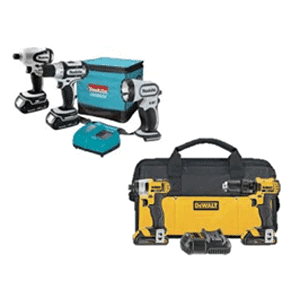 Two power tool kits from Scott's Hill Hardware shown: a Makita cordless drill and flashlight kit with charger, and a DeWalt cordless drill and impact driver set with carrying bag and batteries.