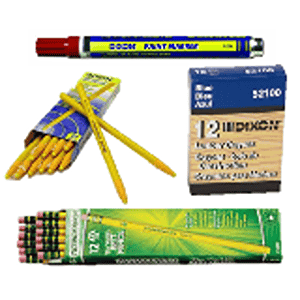 A collection of stationery items from Scott's Hill Hardware, including a red marker, a box of yellow pencils, and another box of pencils with green packaging. Each box contains twelve pencils.