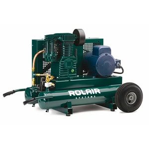 A green Rolair air compressor system with large wheels and a blue motor, designed for heavy-duty applications, available at Scott's Hill Hardware.