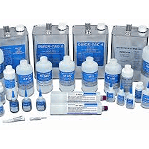 Various bottles and containers of industrial adhesives and sealants, sourced from Scott's Hill Hardware, arranged in rows on a white background.