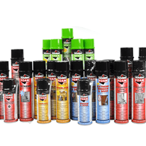 Scott's Hill Hardware presents a collection of various labeled spray cans, including adhesive and foam sealant products, arranged in multiple rows with some green-capped cans standing taller in the back.