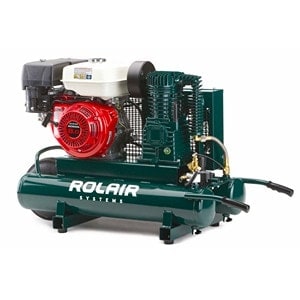 Green Rolair air compressor with a red motor, labeled “Rolair Systems,” available at Scott's Hill Hardware, designed for industrial or construction use.