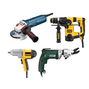 Image of four power tools from Scott's Hill Hardware: a blue angle grinder, a yellow and black rotary hammer, a yellow and silver impact wrench, and a green sheet metal shear.