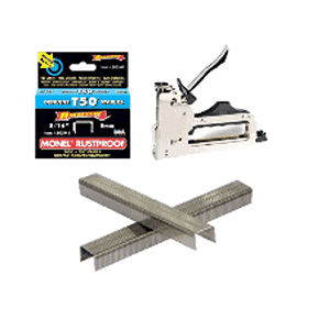 A stapler with Monel rustproof staples and a package of T50 staples, available at Scott's Hill Hardware.