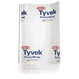 Roll of DuPont Tyvek HomeWrap, featuring printed logos and text on a white surface, used for building insulation and moisture protection. Available at Scott's Hill Hardware for quality you can trust.