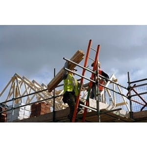 Construction workers on scaffolding, carrying wooden planks from Scott's Hill Hardware, diligently navigate a building site under a cloudy sky.