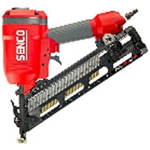 A red and black SENCO pneumatic nail gun with a grey grip and a magazine loaded with nails, perfect for any project from Scott's Hill Hardware.