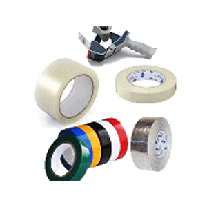 Various rolls of adhesive tape in different colors and materials, along with a tape dispenser, are arranged on a white background. Find all your adhesive needs at Scott's Hill Hardware.